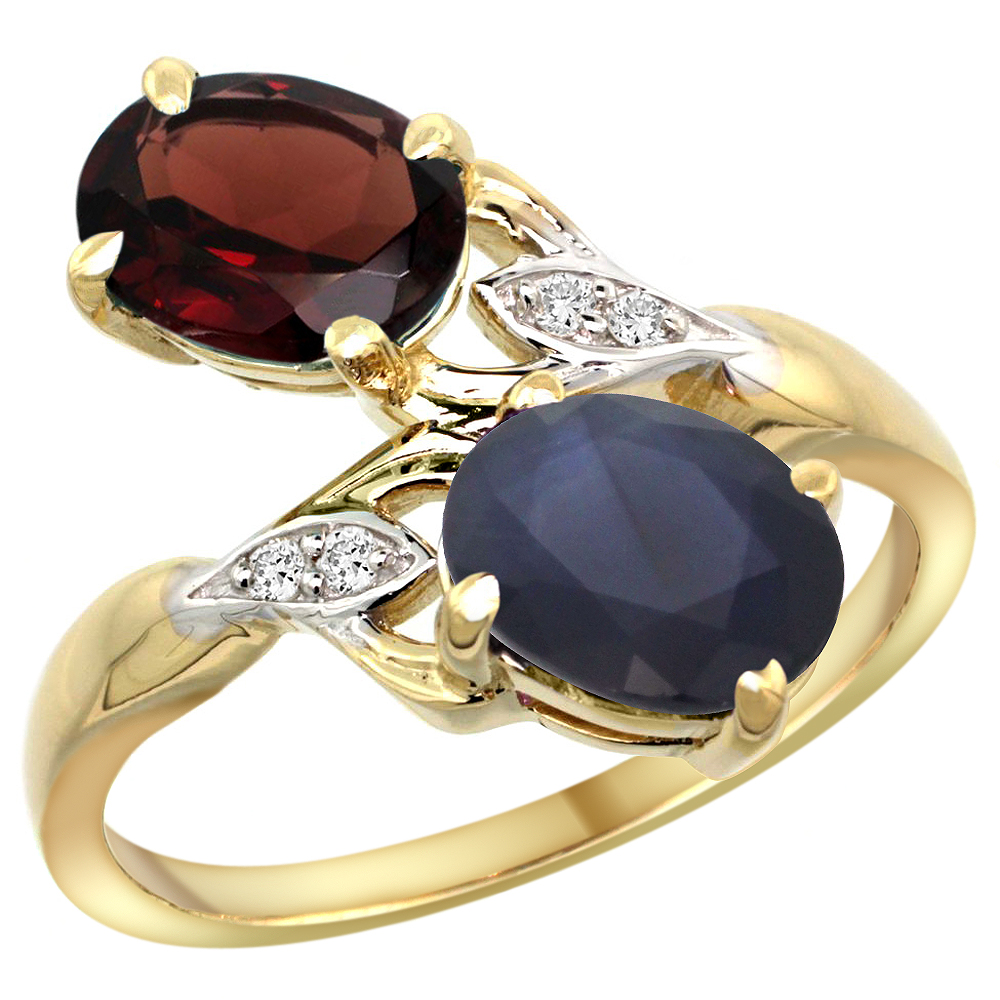 14k Yellow Gold Diamond Natural Garnet &amp; Quality Blue Sapphire 2-stone Mothers Ring Oval 8x6mm, sz 5 - 10