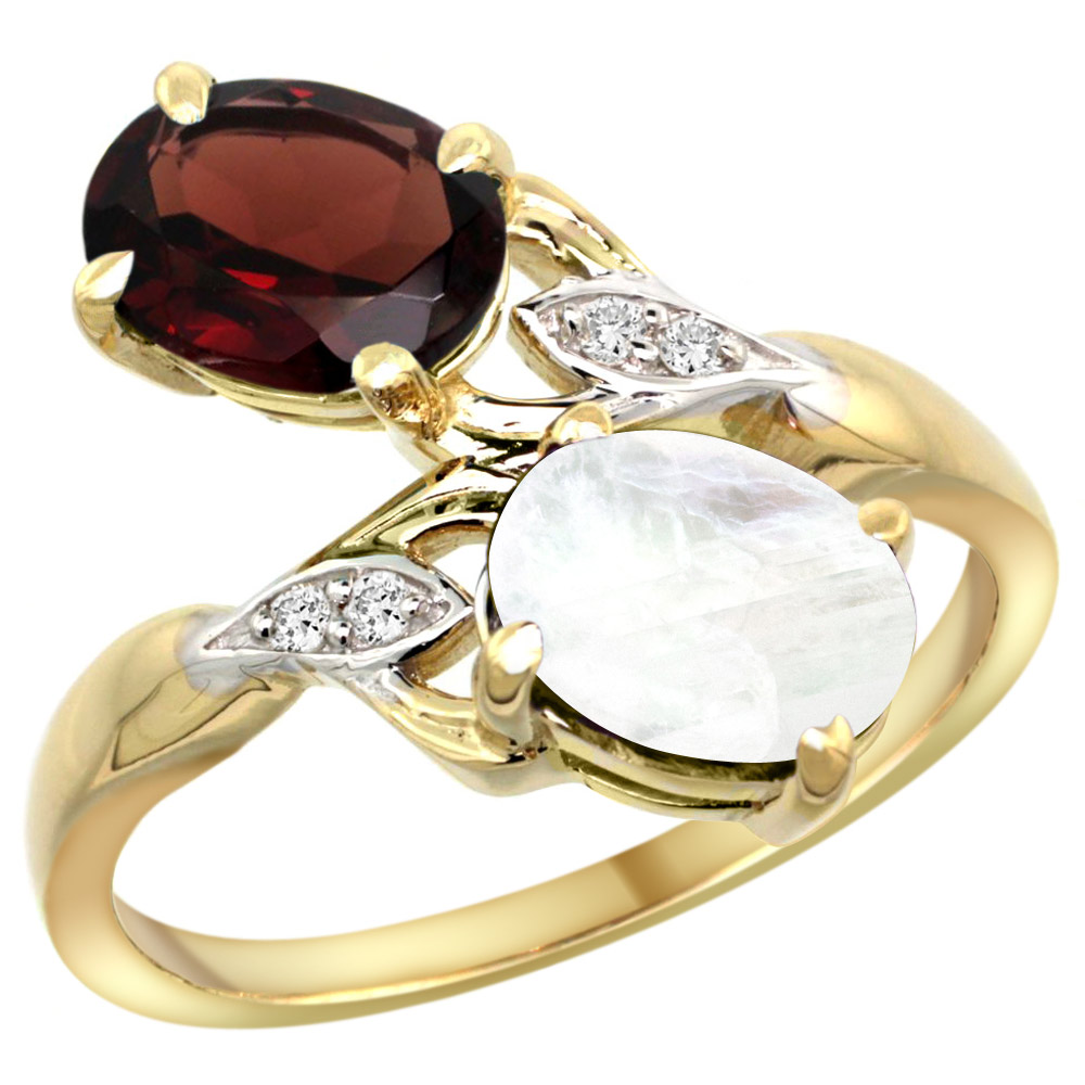 10K YELLOW GOLD DIAMOND NATURAL GARNET & RAINBOW MOONSTONE 2-STONE RING OVAL 8X6MM, SIZES 5 - 10