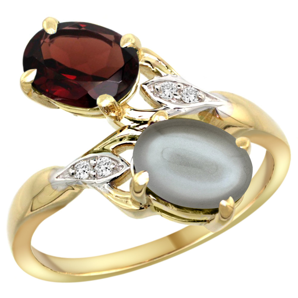 14k Yellow Gold Diamond Natural Garnet &amp; Gray Moonstone 2-stone Ring Oval 8x6mm, sizes 5 - 10