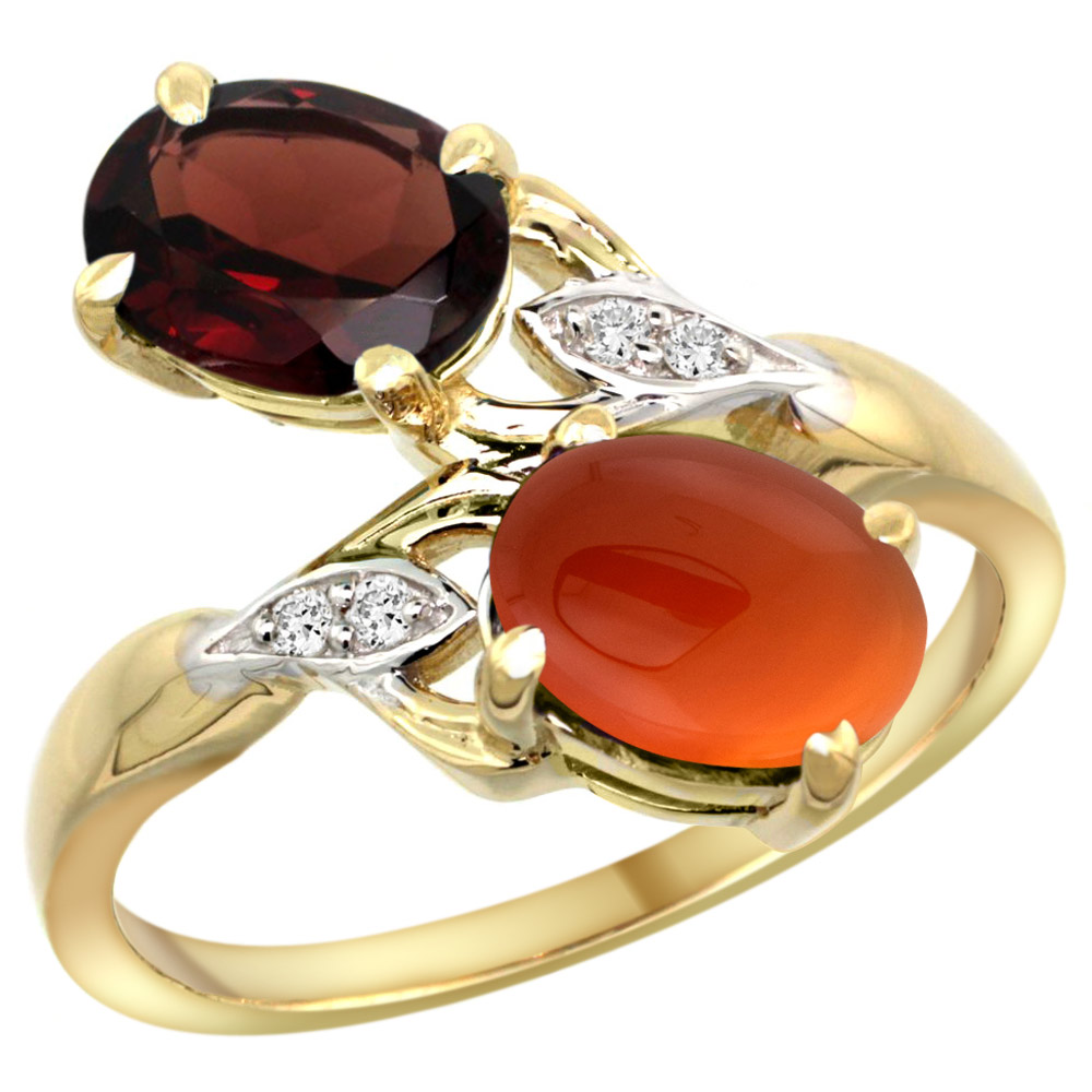 14k Yellow Gold Diamond Natural Garnet &amp; Brown Agate 2-stone Ring Oval 8x6mm, sizes 5 - 10