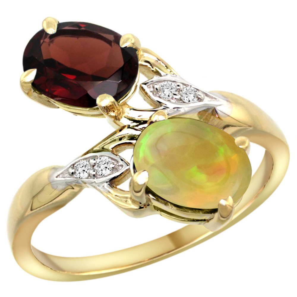 10K YELLOW GOLD DIAMOND NATURAL GARNET & ETHIOPIAN OPAL 2-STONE MOTHERS RING OVAL 8X6MM, SIZE 5 - 10
