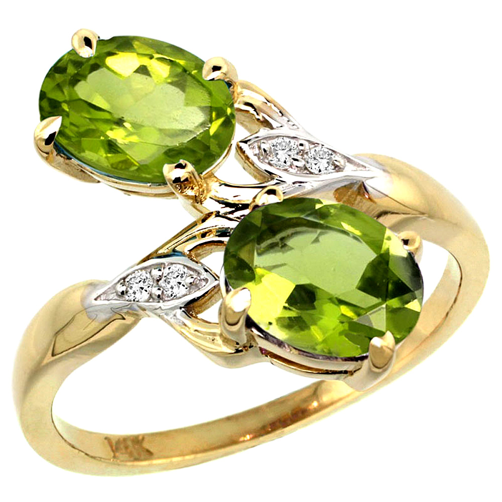 14K YELLOW GOLD DIAMOND NATURAL PERIDOT 2-STONE RING OVAL 8X6MM, SIZES 5 - 10
