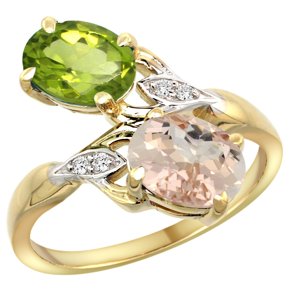 10K YELLOW GOLD DIAMOND NATURAL PERIDOT & MORGANITE 2-STONE RING OVAL 8X6MM, SIZES 5 - 10
