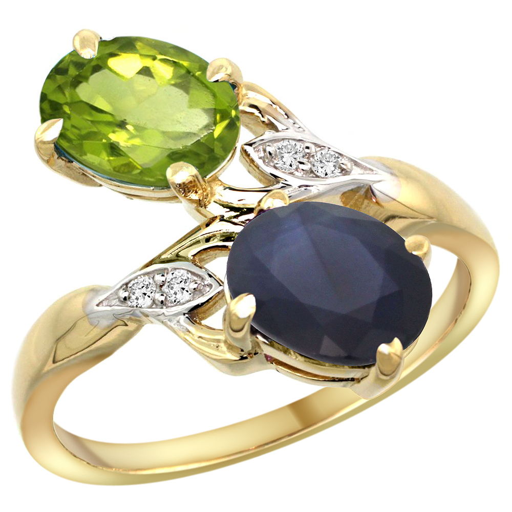14k Yellow Gold Diamond Natural Peridot &amp; Blue Sapphire 2-stone Ring Oval 8x6mm, sizes 5 - 10