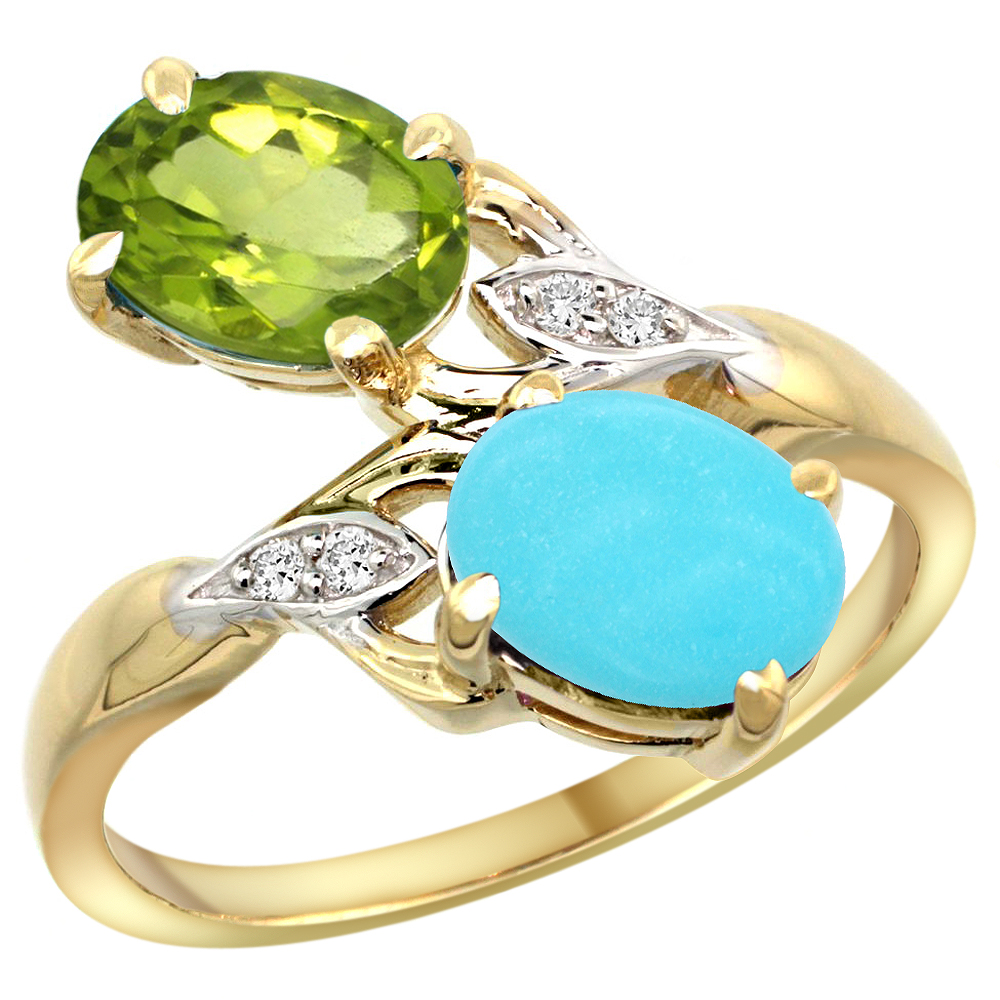 14k Yellow Gold Diamond Natural Peridot &amp; Turquoise 2-stone Ring Oval 8x6mm, sizes 5 - 10
