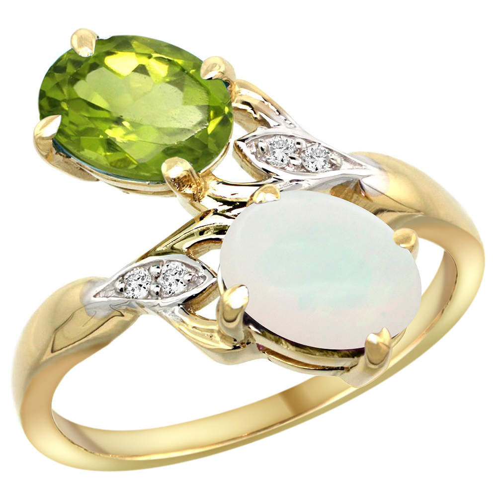 14K YELLOW GOLD DIAMOND NATURAL PERIDOT & OPAL 2-STONE RING OVAL 8X6MM, SIZES 5 - 10