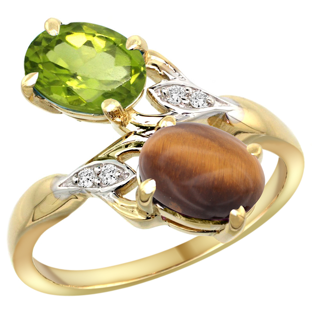 14K YELLOW GOLD DIAMOND NATURAL PERIDOT & TIGER EYE 2-STONE RING OVAL 8X6MM, SIZES 5 - 10