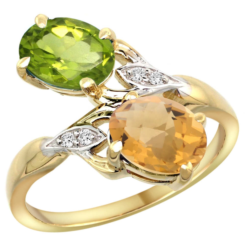 14K YELLOW GOLD DIAMOND NATURAL PERIDOT & WHISKY QUARTZ 2-STONE RING OVAL 8X6MM, SIZES 5 - 10