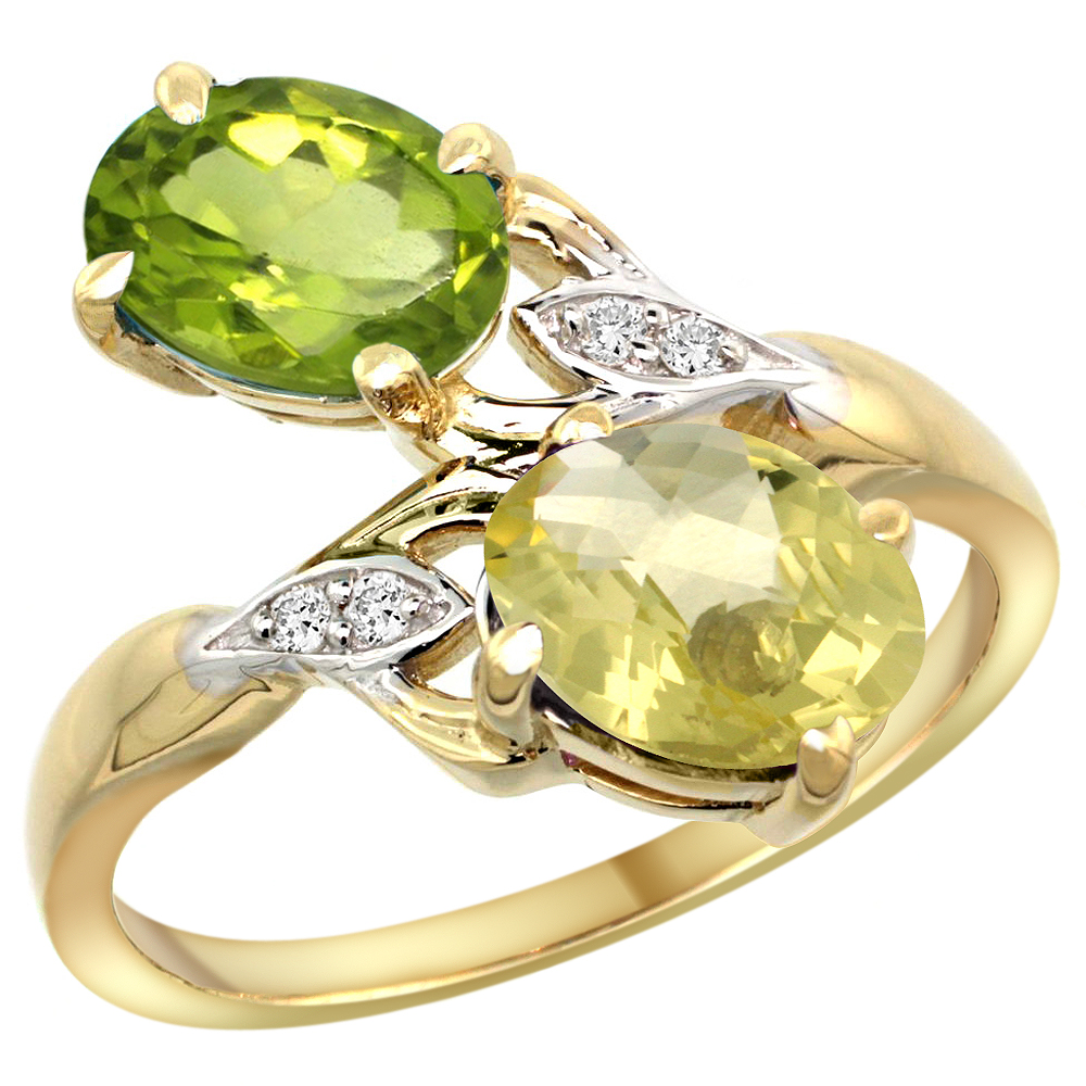 14k Yellow Gold Diamond Natural Peridot &amp; Lemon Quartz 2-stone Ring Oval 8x6mm, sizes 5 - 10