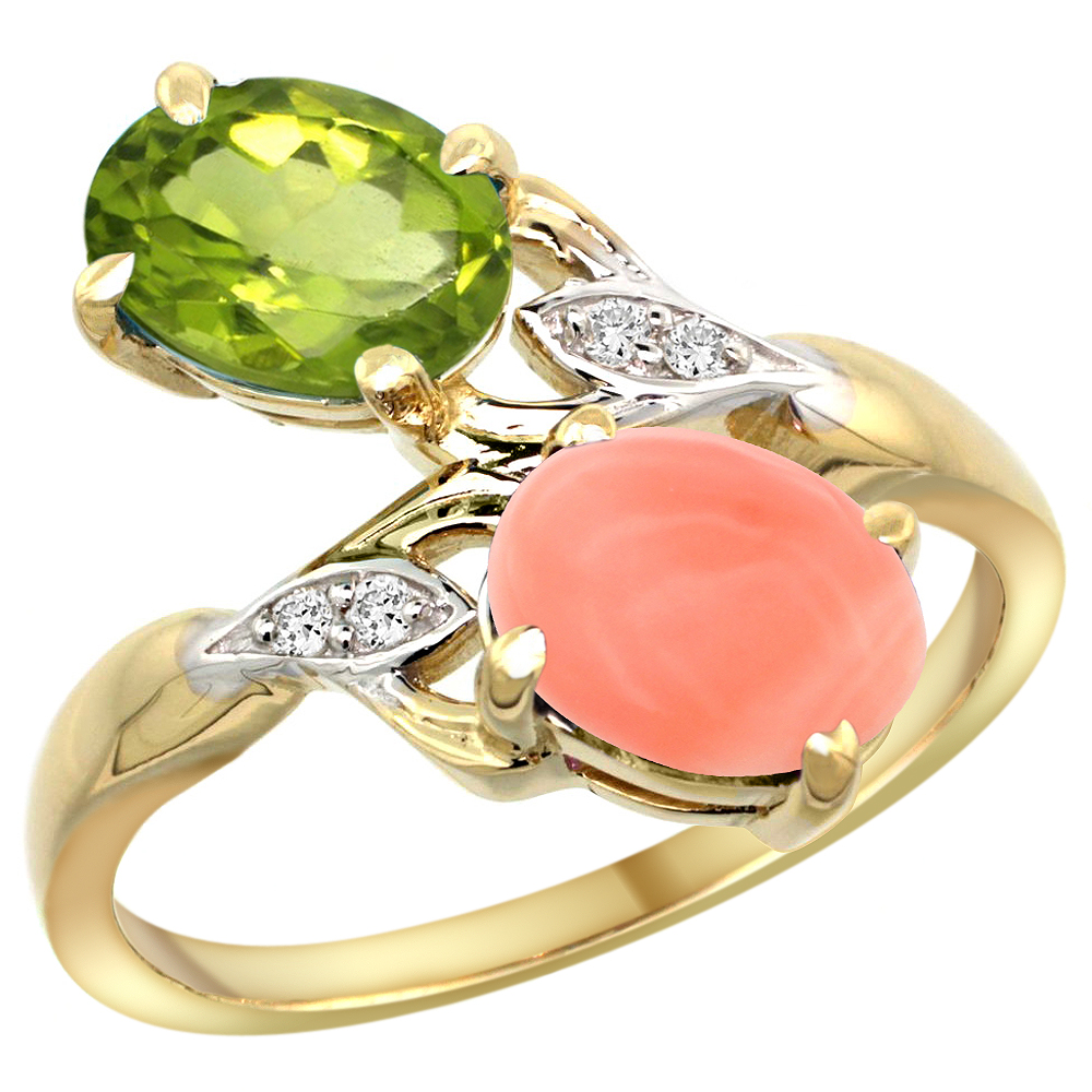 14K YELLOW GOLD DIAMOND NATURAL PERIDOT & CORAL 2-STONE RING OVAL 8X6MM, SIZES 5 - 10