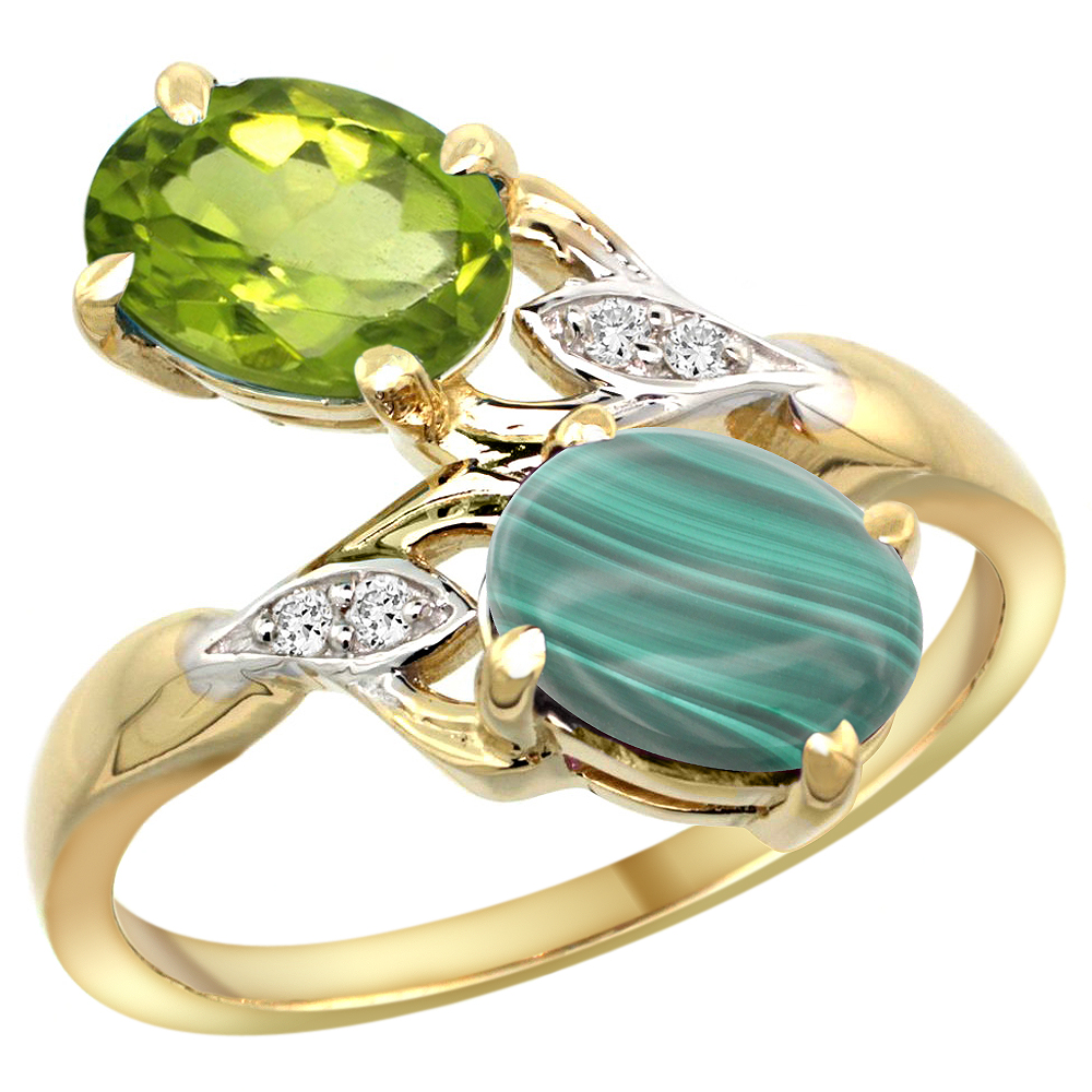 14K YELLOW GOLD DIAMOND NATURAL PERIDOT & MALACHITE 2-STONE RING OVAL 8X6MM, SIZES 5 - 10