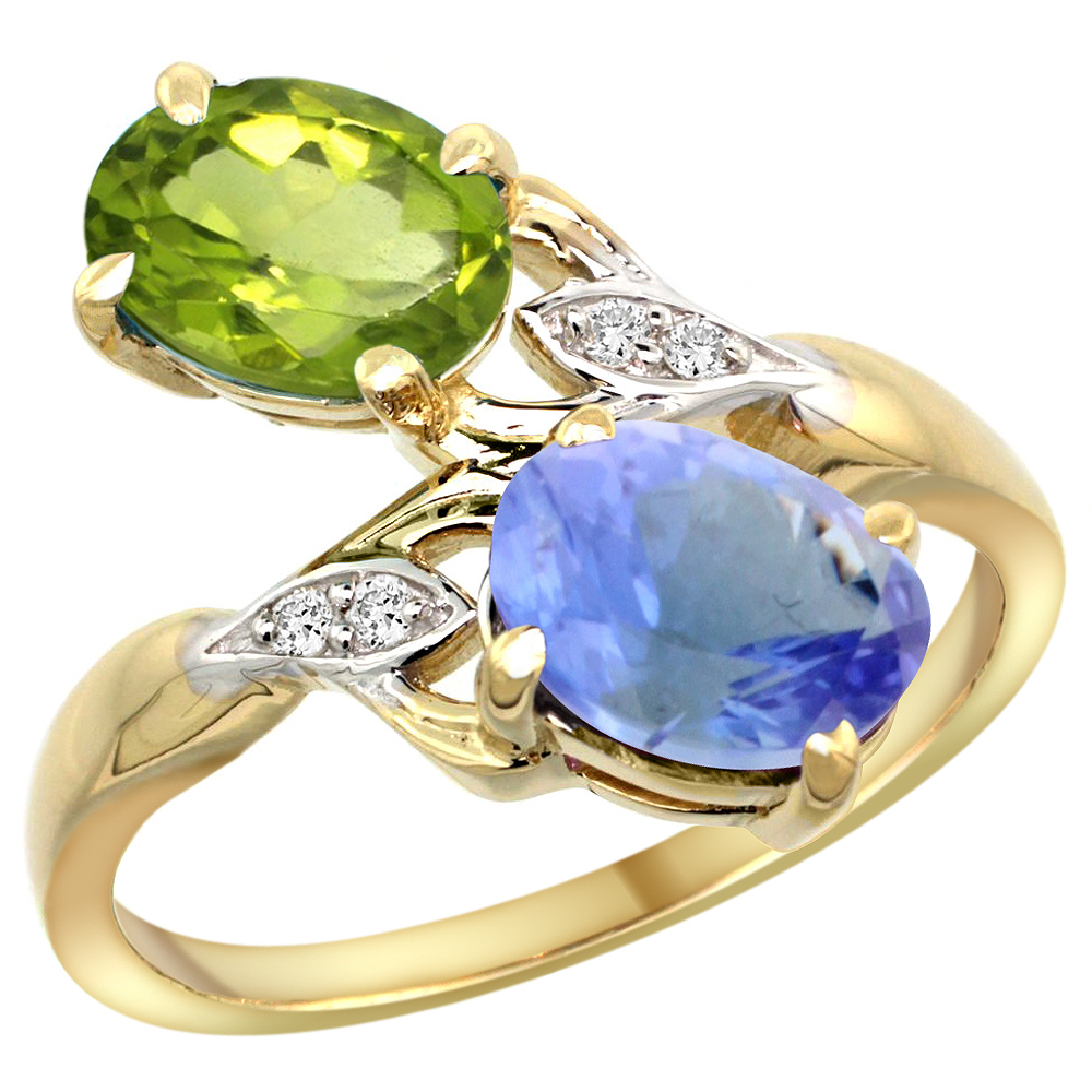 14K YELLOW GOLD DIAMOND NATURAL PERIDOT & TANZANITE 2-STONE RING OVAL 8X6MM, SIZES 5 - 10