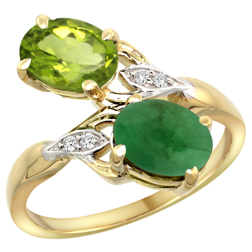 14K YELLOW GOLD DIAMOND NATURAL PERIDOT & CABOCHON EMERALD 2-STONE RING OVAL 8X6MM, SIZES 5 - 10