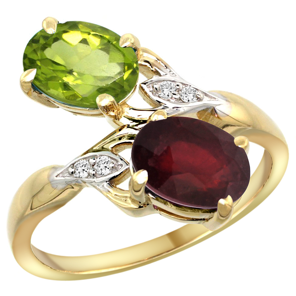 14K YELLOW GOLD DIAMOND NATURAL PERIDOT & QUALITY RUBY 2-STONE MOTHERS RING OVAL 8X6MM, SIZE 5 - 10