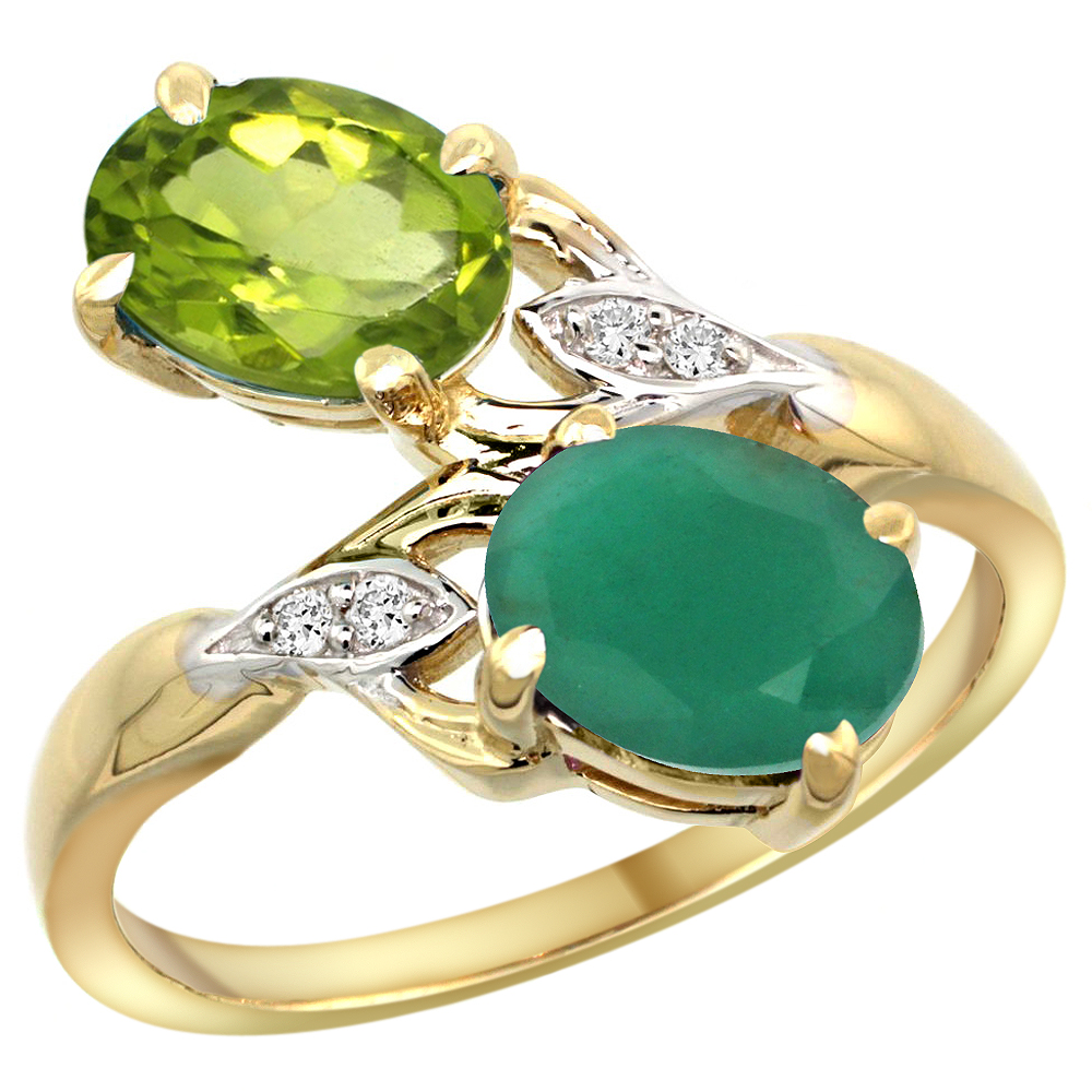14k Yellow Gold Diamond Natural Peridot &amp; Quality Emerald 2-stone Mothers Ring Oval 8x6mm, size 5 - 10