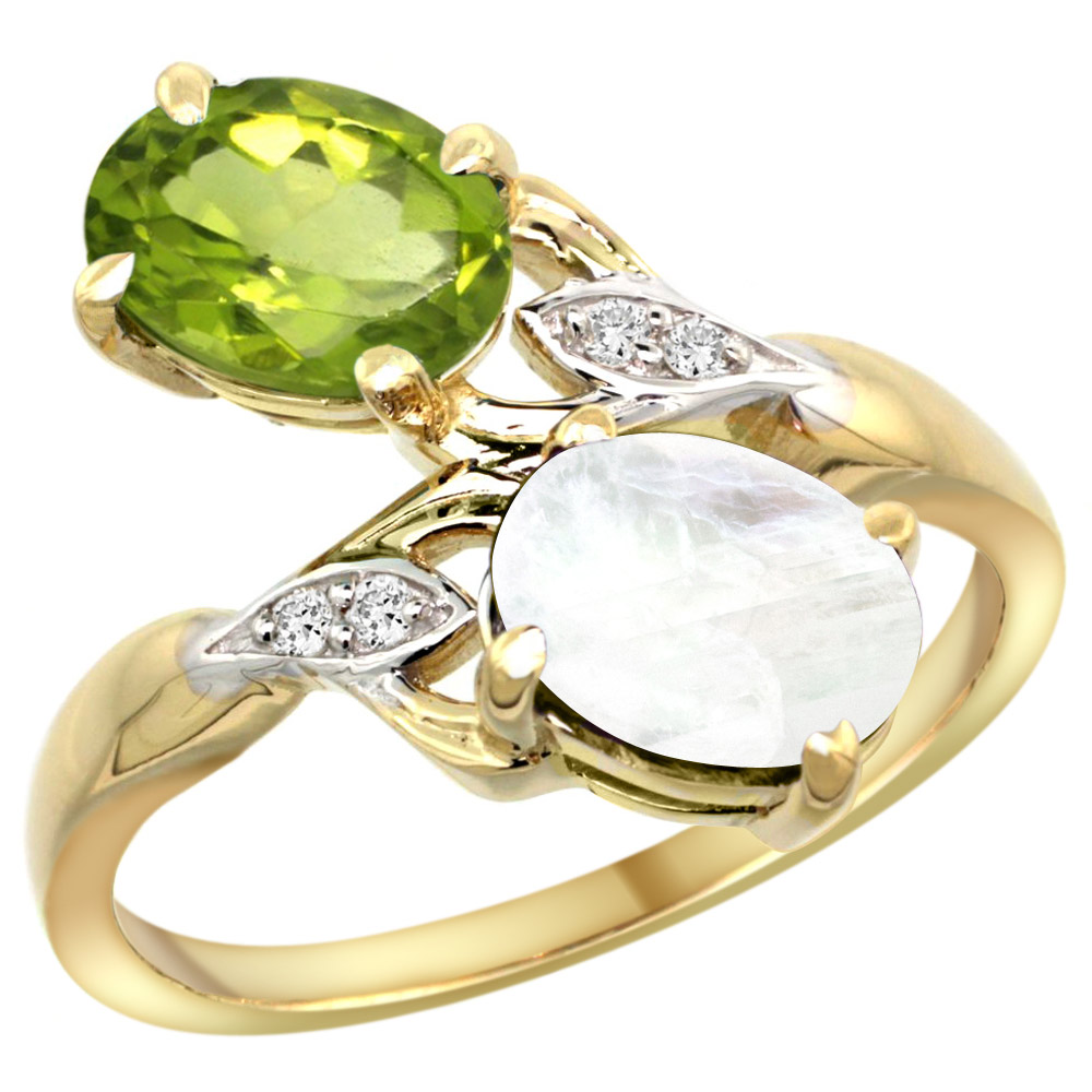 14K YELLOW GOLD DIAMOND NATURAL PERIDOT & RAINBOW MOONSTONE 2-STONE RING OVAL 8X6MM, SIZES 5 - 10