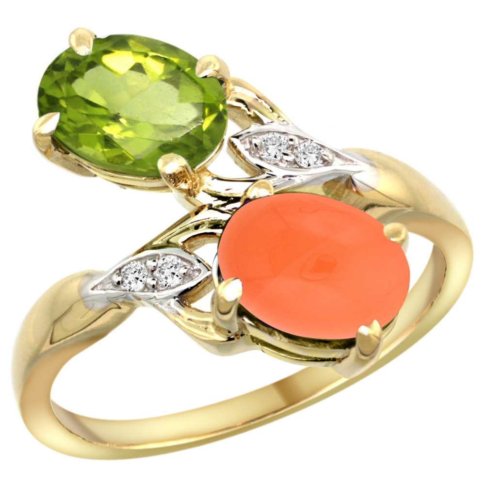 14K YELLOW GOLD DIAMOND NATURAL PERIDOT & ORANGE MOONSTONE 2-STONE RING OVAL 8X6MM, SIZES 5 - 10