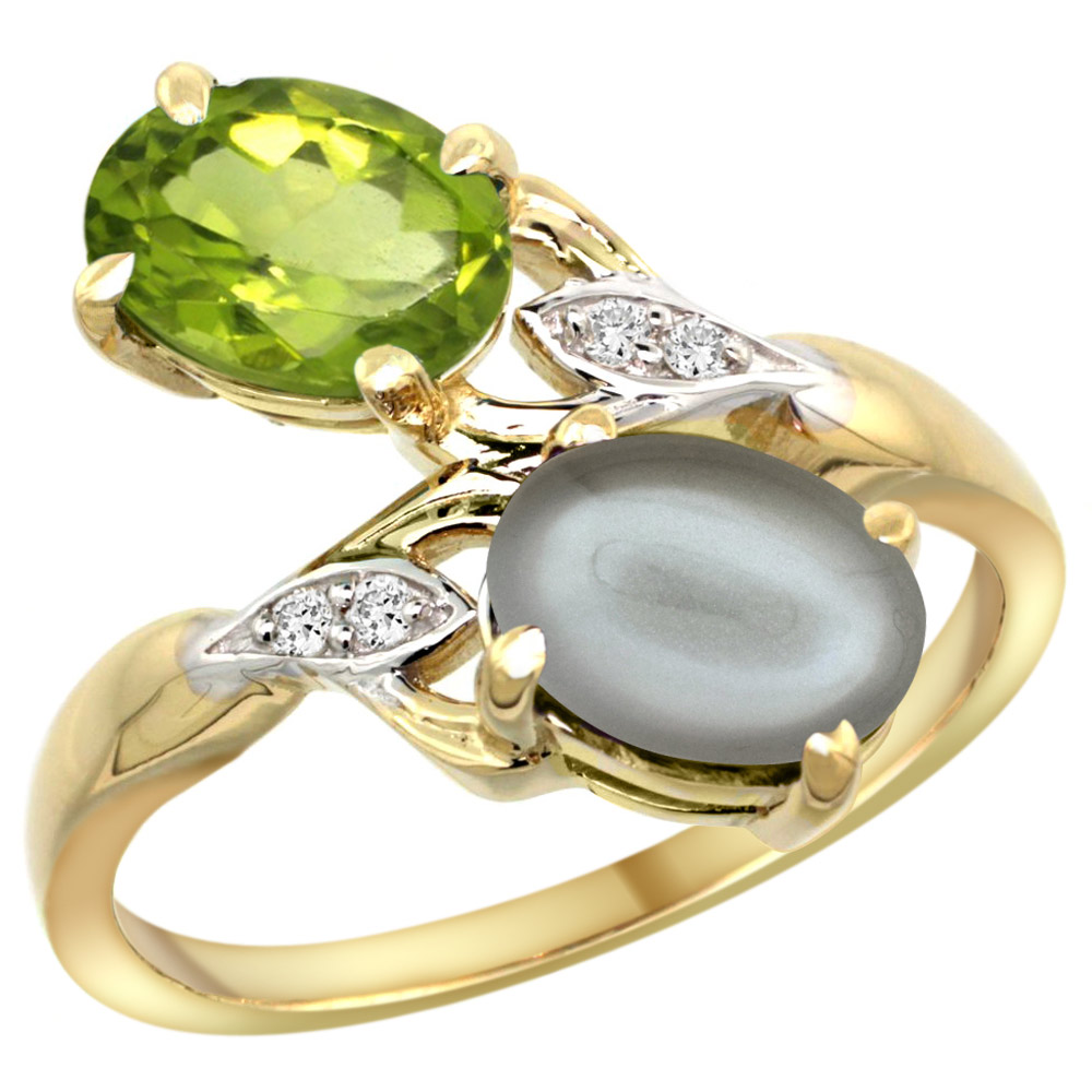 14K YELLOW GOLD DIAMOND NATURAL PERIDOT & GRAY MOONSTONE 2-STONE RING OVAL 8X6MM, SIZES 5 - 10