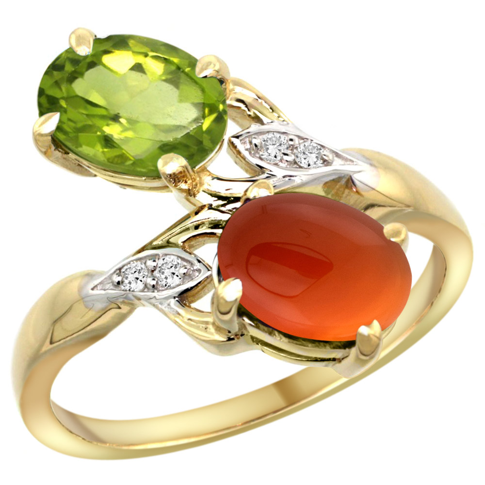 14k Yellow Gold Diamond Natural Peridot &amp; Brown Agate 2-stone Ring Oval 8x6mm, sizes 5 - 10