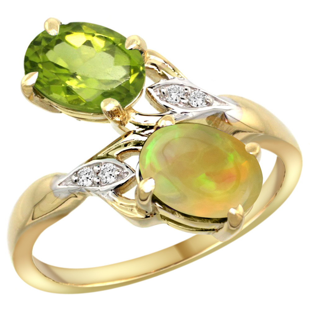 14K YELLOW GOLD DIAMOND NATURAL PERIDOT & ETHIOPIAN OPAL 2-STONE MOTHERS RING OVAL 8X6MM, SIZE 5 - 10