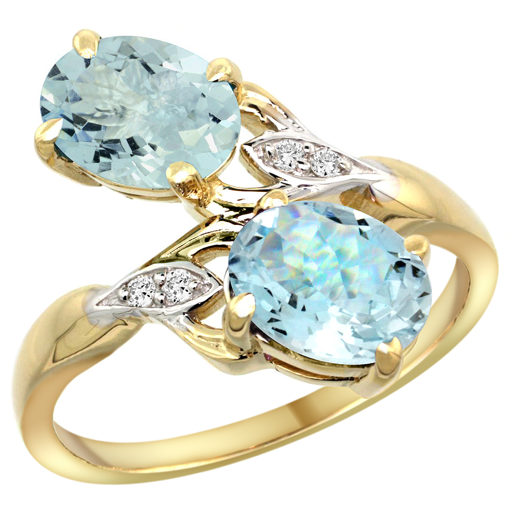 10K Yellow Gold Diamond Natural Aquamarine 2-stone Ring Oval 8x6mm, sizes 5 - 10