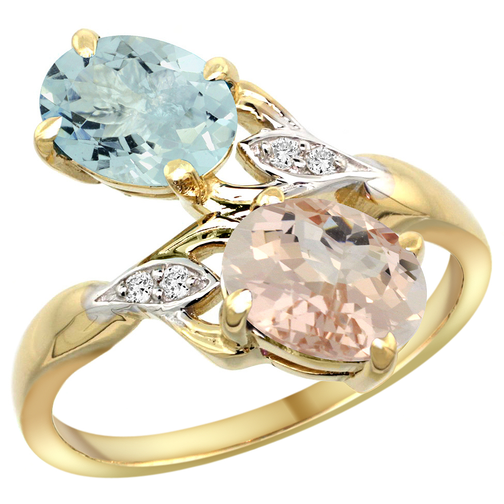 14K YELLOW GOLD DIAMOND NATURAL AQUAMARINE & MORGANITE 2-STONE RING OVAL 8X6MM, SIZES 5 - 10