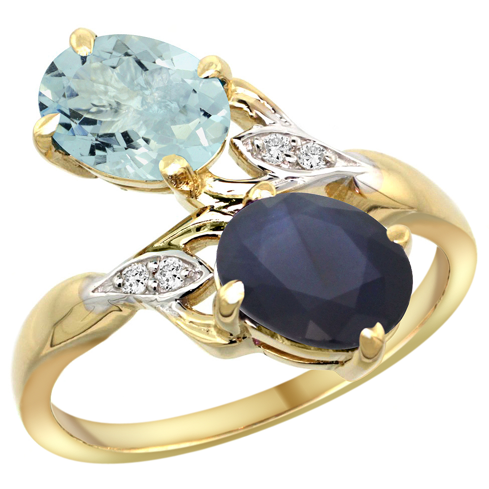 14K YELLOW GOLD DIAMOND NATURAL AQUAMARINE & BLUE SAPPHIRE 2-STONE RING OVAL 8X6MM, SIZES 5 - 10