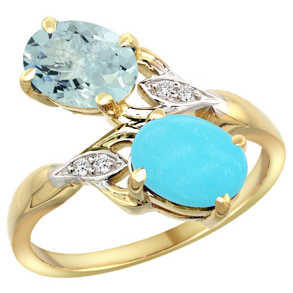 10K Yellow Gold Diamond Natural Aquamarine &amp; Turquoise 2-stone Ring Oval 8x6mm, sizes 5 - 10