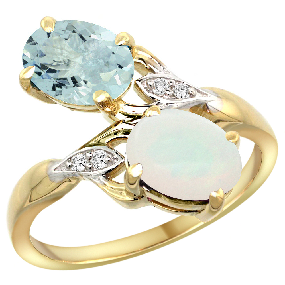 14K YELLOW GOLD DIAMOND NATURAL AQUAMARINE & OPAL 2-STONE RING OVAL 8X6MM, SIZES 5 - 10