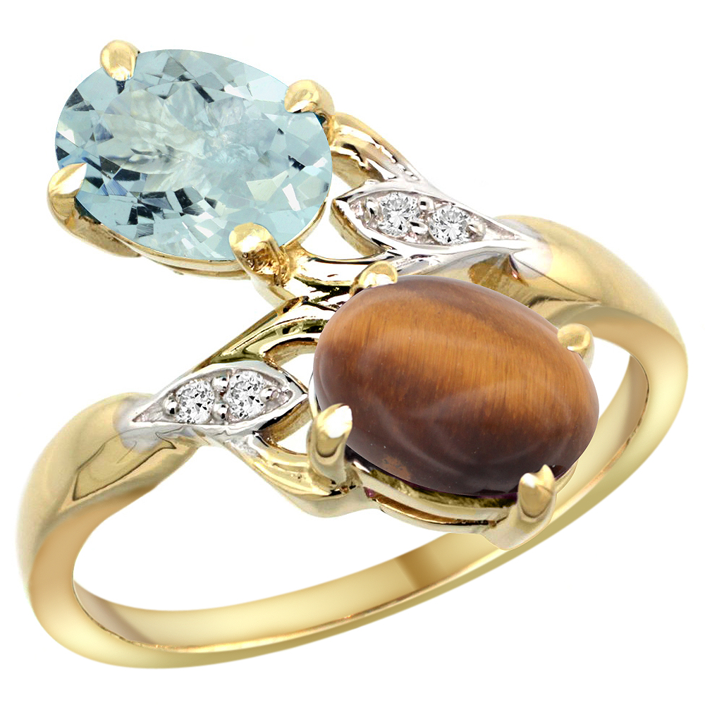 14K YELLOW GOLD DIAMOND NATURAL AQUAMARINE & TIGER EYE 2-STONE RING OVAL 8X6MM, SIZES 5 - 10