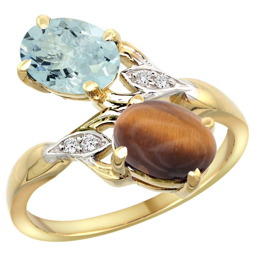 14k Yellow Gold Diamond Natural Aquamarine &amp; Tiger Eye 2-stone Ring Oval 8x6mm, sizes 5 - 10