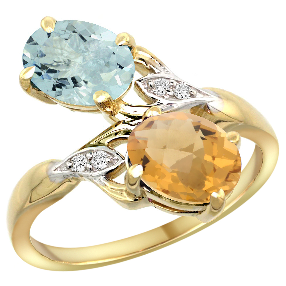 14K YELLOW GOLD DIAMOND NATURAL AQUAMARINE & WHISKY QUARTZ 2-STONE RING OVAL 8X6MM, SIZES 5 - 10