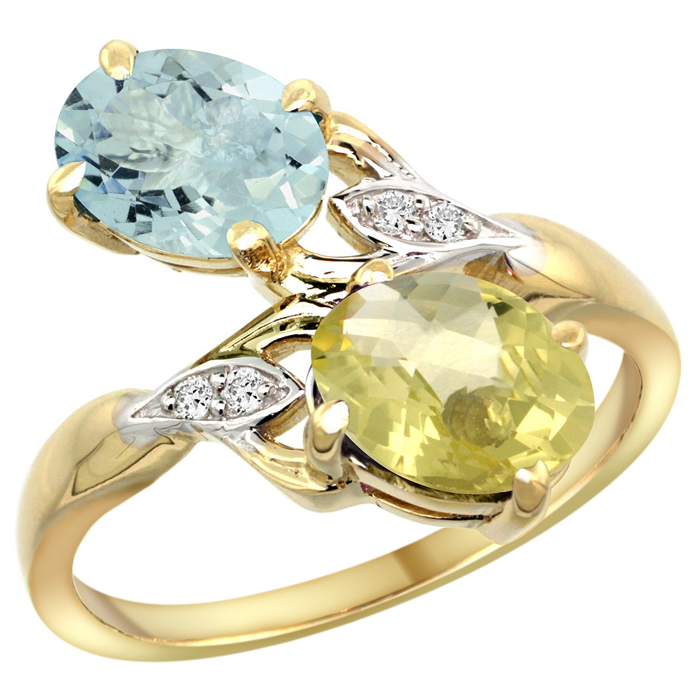 14K YELLOW GOLD DIAMOND NATURAL AQUAMARINE & LEMON QUARTZ 2-STONE RING OVAL 8X6MM, SIZES 5 - 10