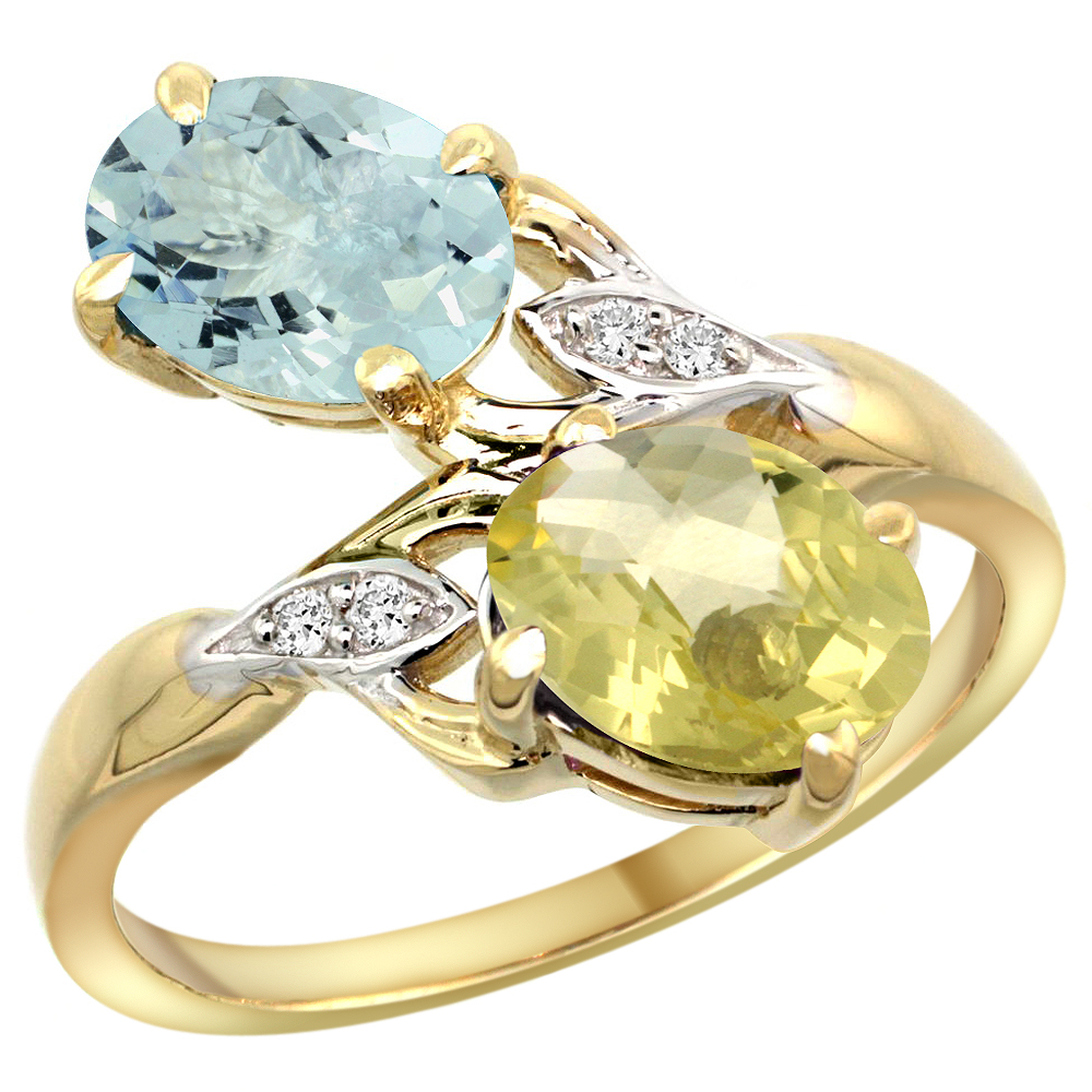 14k Yellow Gold Diamond Natural Aquamarine &amp; Lemon Quartz 2-stone Ring Oval 8x6mm, sizes 5 - 10