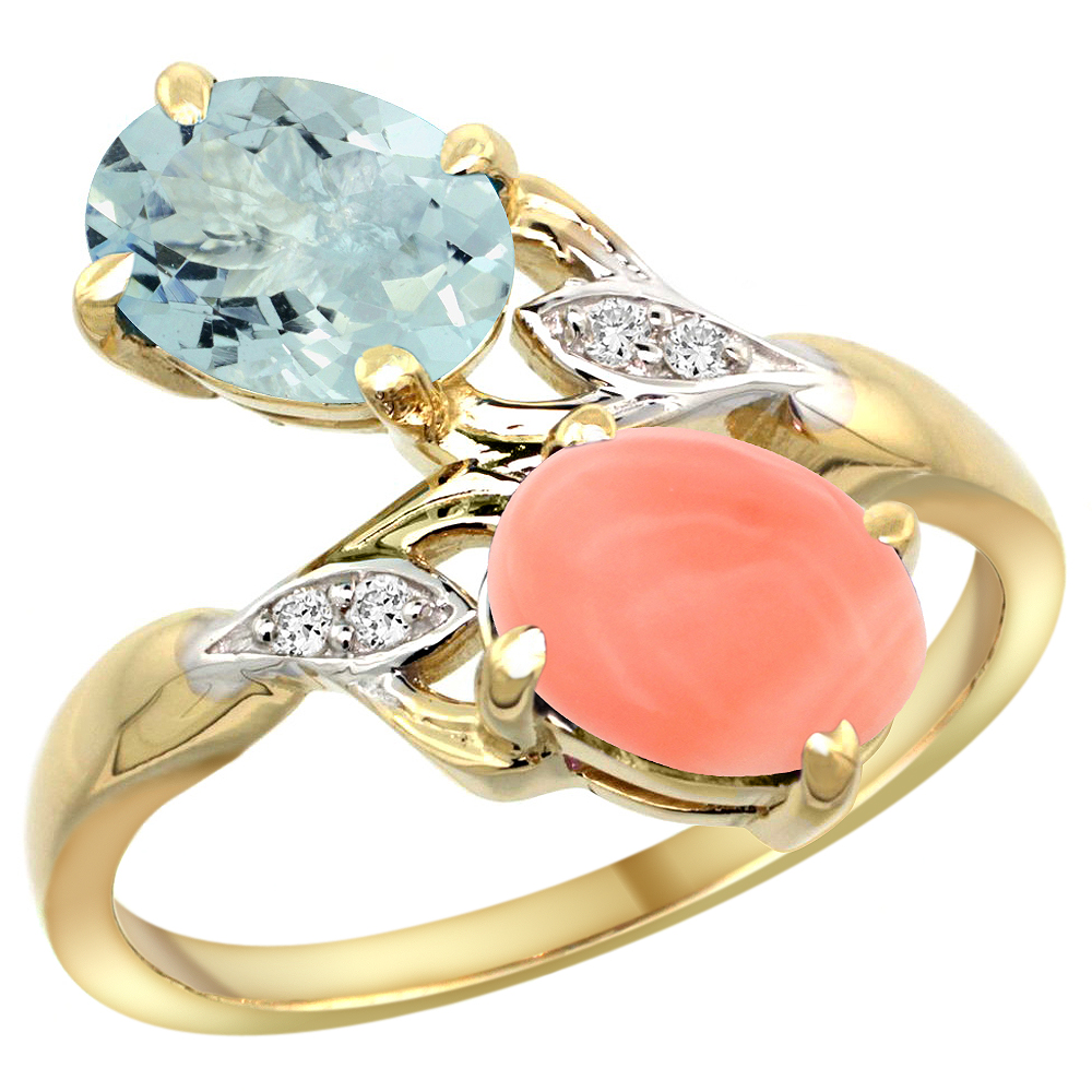 14K YELLOW GOLD DIAMOND NATURAL AQUAMARINE & CORAL 2-STONE RING OVAL 8X6MM, SIZES 5 - 10