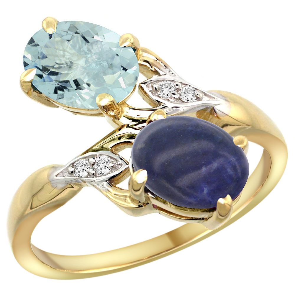 14K YELLOW GOLD DIAMOND NATURAL AQUAMARINE & LAPIS 2-STONE RING OVAL 8X6MM, SIZES 5 - 10