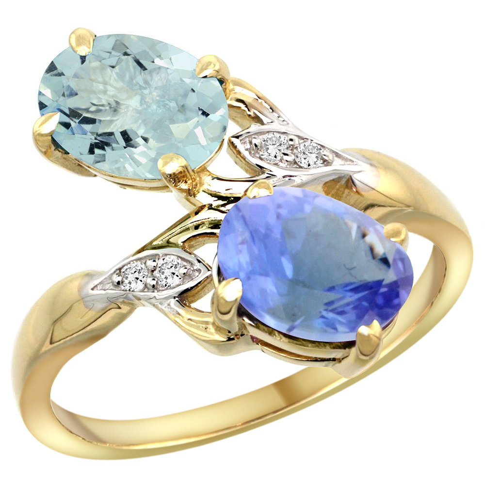 14K YELLOW GOLD DIAMOND NATURAL AQUAMARINE & TANZANITE 2-STONE RING OVAL 8X6MM, SIZES 5 - 10