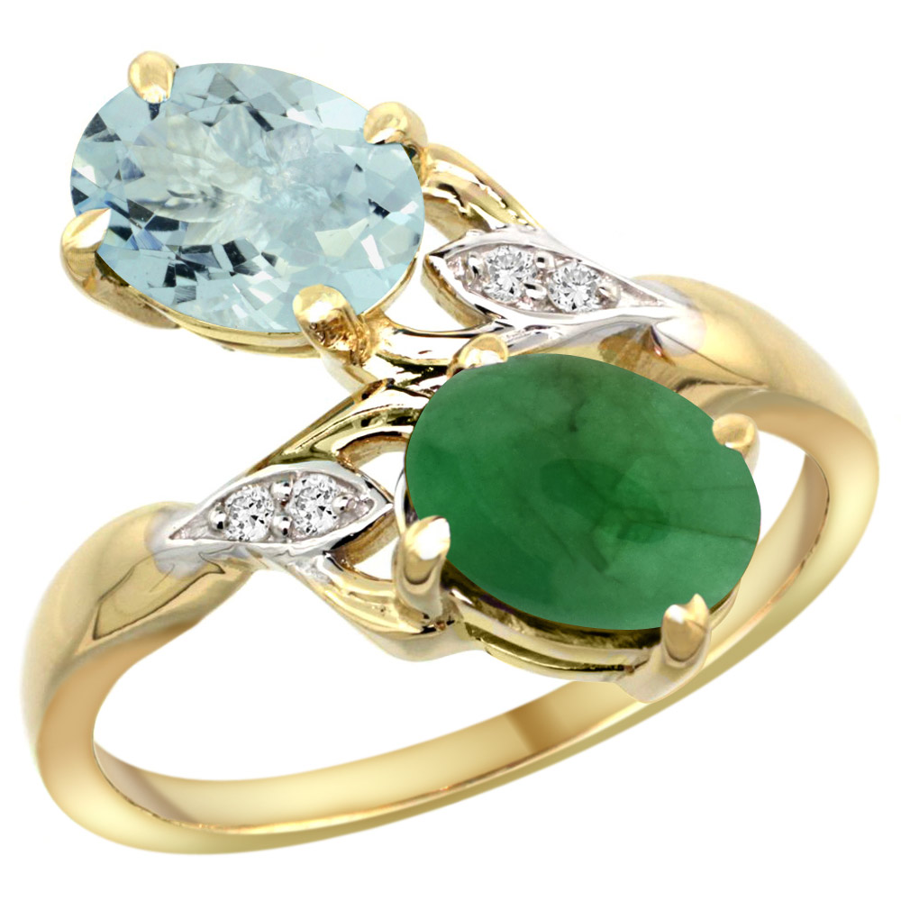 14K YELLOW GOLD DIAMOND NATURAL AQUAMARINE & CABOCHON EMERALD 2-STONE RING OVAL 8X6MM, SIZES 5 - 10