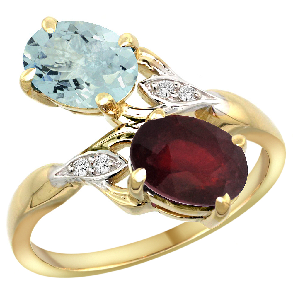 10K Yellow Gold Diamond Natural Aquamarine & Quality Ruby 2-stone Mothers Ring Oval 8x6mm, size 5 - 10