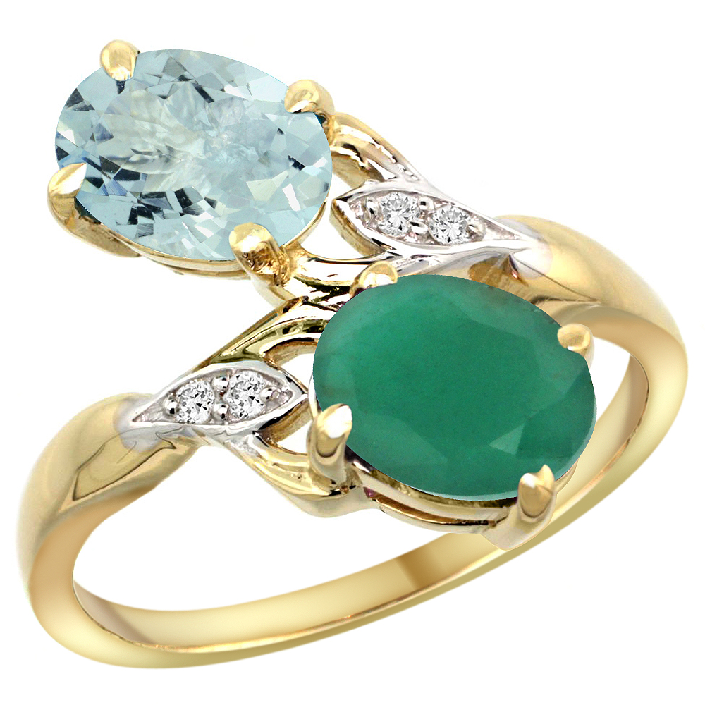14K YELLOW GOLD DIAMOND NATURAL AQUAMARINE & QUALITY EMERALD 2-STONE MOTHERS RING OVAL 8X6MM, SIZE 5 - 10