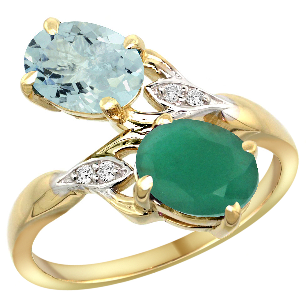 14k Yellow Gold Diamond Natural Aquamarine &amp; Quality Emerald 2-stone Mothers Ring Oval 8x6mm, size 5 - 10