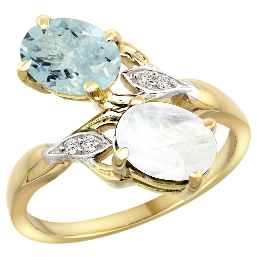 10K Yellow Gold Diamond Natural Aquamarine &amp; Rainbow Moonstone 2-stone Ring Oval 8x6mm, sizes 5 - 10