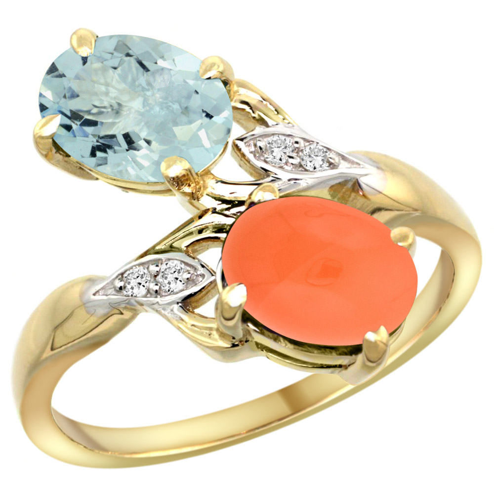 14K YELLOW GOLD DIAMOND NATURAL AQUAMARINE & ORANGE MOONSTONE 2-STONE RING OVAL 8X6MM, SIZES 5 - 10