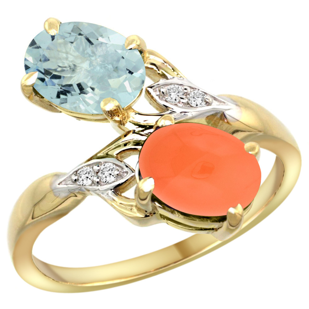10K Yellow Gold Diamond Natural Aquamarine &amp; Orange Moonstone 2-stone Ring Oval 8x6mm, sizes 5 - 10