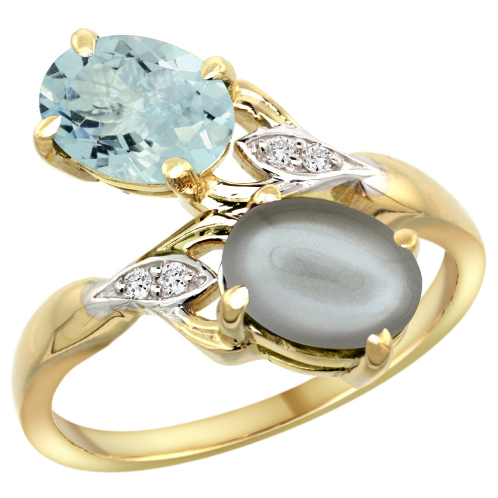 14k Yellow Gold Diamond Natural Aquamarine &amp; Gray Moonstone 2-stone Ring Oval 8x6mm, sizes 5 - 10