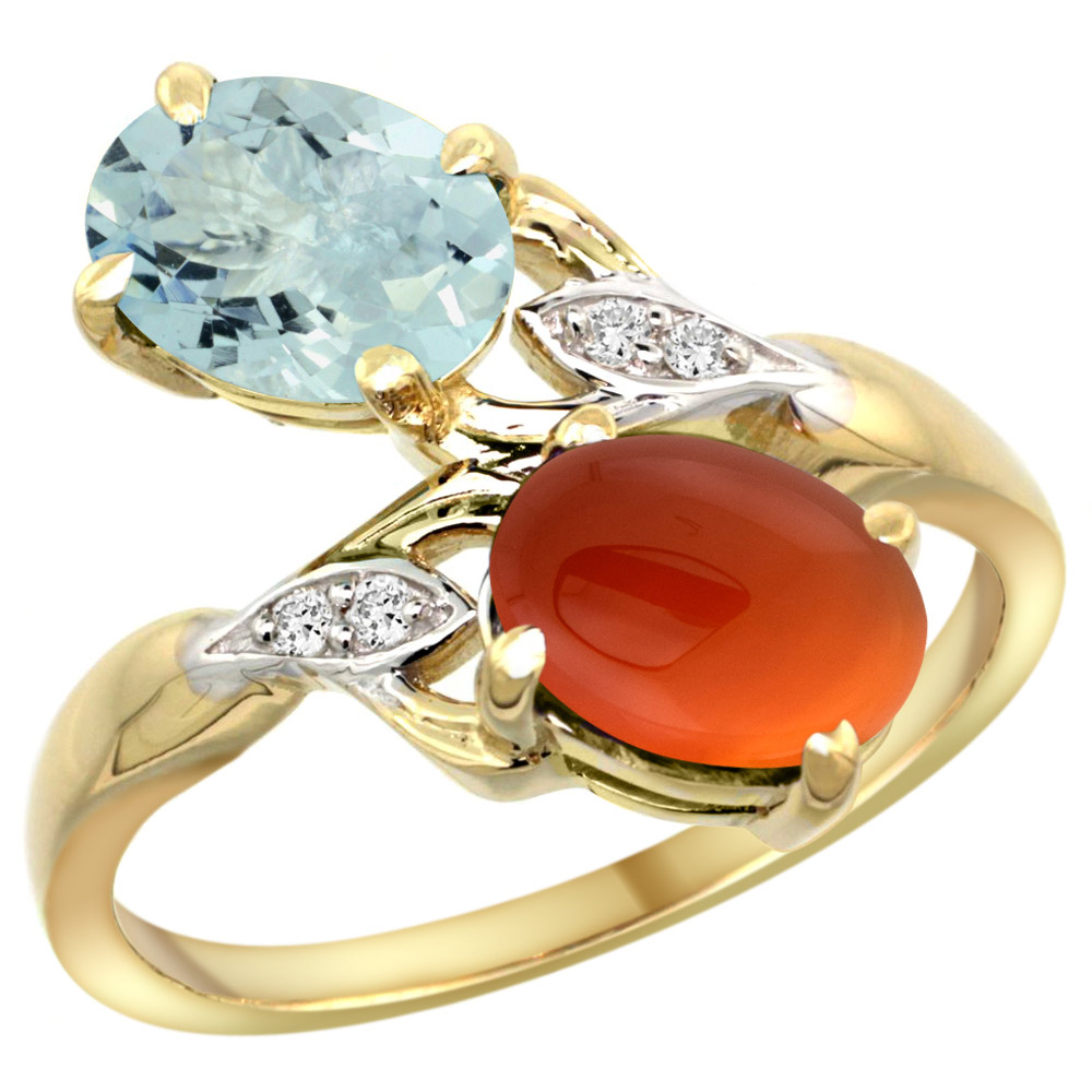 14k Yellow Gold Diamond Natural Aquamarine &amp; Brown Agate 2-stone Ring Oval 8x6mm, sizes 5 - 10