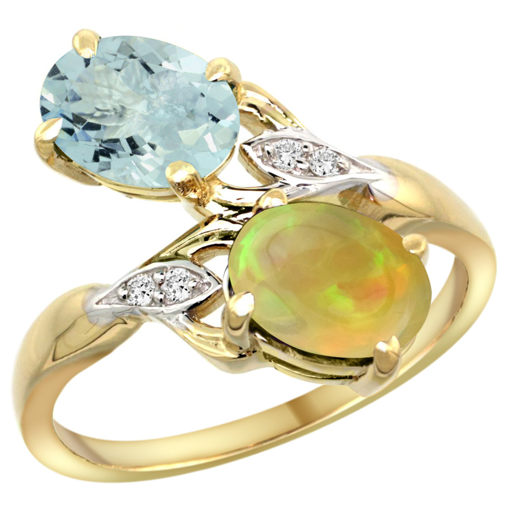 14k Yellow Gold Diamond Natural Aquamarine &amp; Ethiopian Opal 2-stone Mothers Ring Oval 8x6mm, size 5 - 10