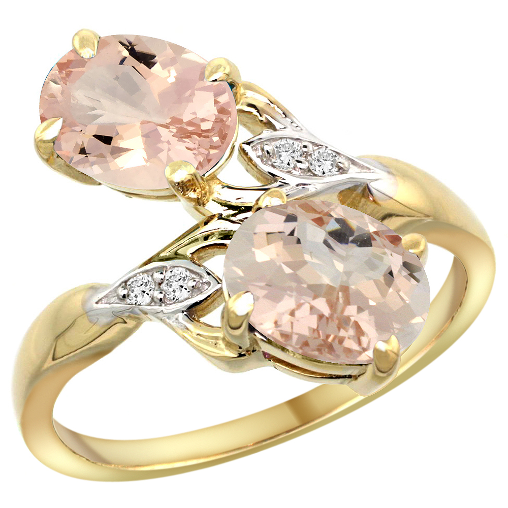 14K YELLOW GOLD DIAMOND NATURAL MORGANITE 2-STONE RING OVAL 8X6MM, SIZES 5 - 10