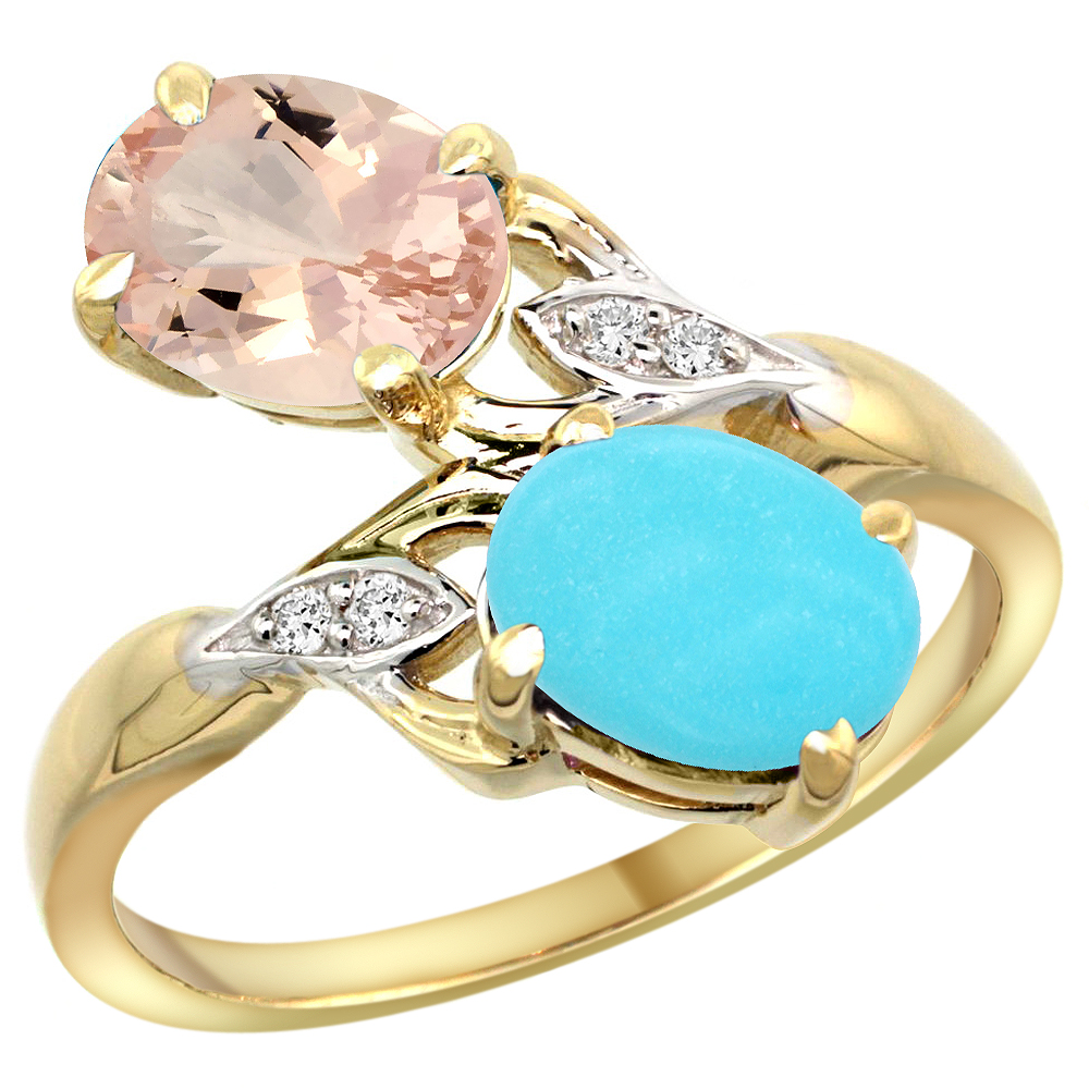 14K YELLOW GOLD DIAMOND NATURAL MORGANITE & TURQUOISE 2-STONE RING OVAL 8X6MM, SIZES 5 - 10