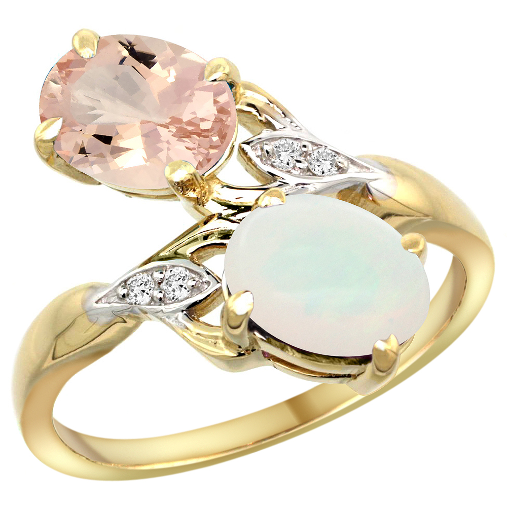 14K YELLOW GOLD DIAMOND NATURAL MORGANITE & OPAL 2-STONE RING OVAL 8X6MM, SIZES 5 - 10